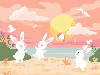 Whimsical rabbits volleying a beach ball