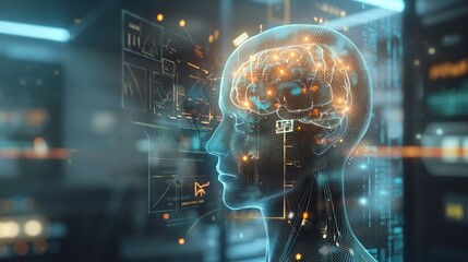 Fototapeta premium A digital representation of a human brain with data visualization elements.