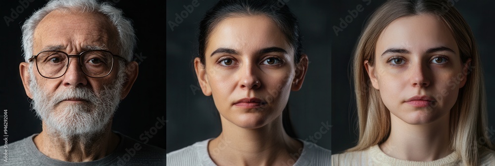 Poster The image features three individuals of varying ages and ethnicities, each displaying a unique expression against a dark backdrop that highlights their features. Generative AI