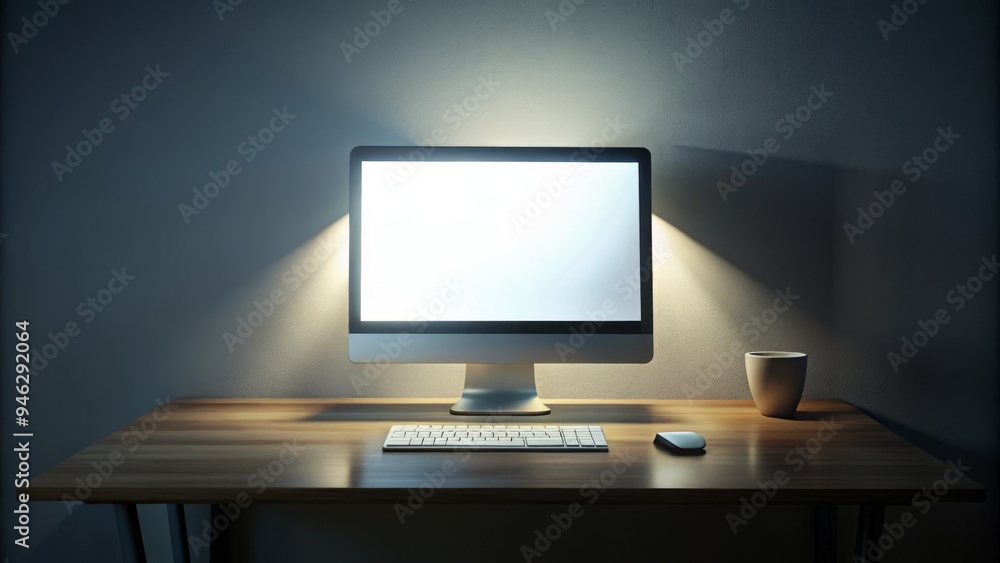 Poster a sleek, modern desktop computer with a blank, glowing screen sits on a clean, minimalist workspace,