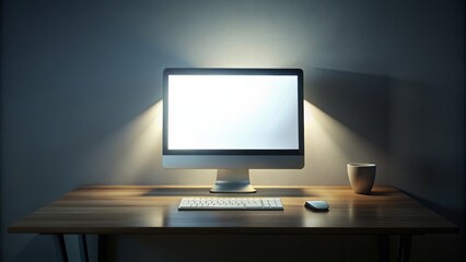 A sleek, modern desktop computer with a blank, glowing screen sits on a clean, minimalist workspace, surrounded by empty space and subtle shadows.