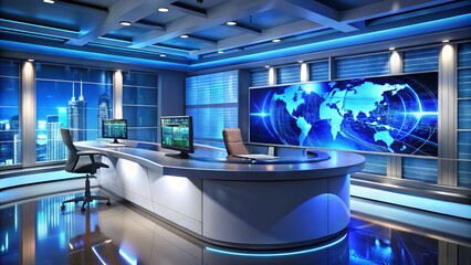 A sleek, modern news desk with a built-in bar, adorned with sleek LED lights, surrounded by futuristic screens displaying breaking news and financial markets.