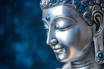 Tranquil Close-Up Portrait of Samantabhadra with Sapphire and Silver Background in HD - Spiritual Wallpaper