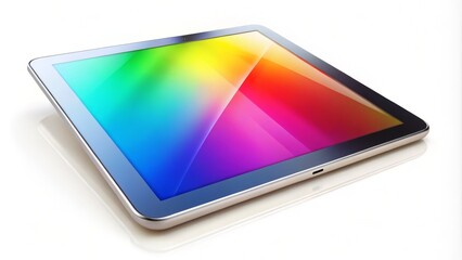 A sleek, modern tablet lies isolated on a plain white background, its bright screen glowing with vibrant colors, surrounded by empty, neutral space.