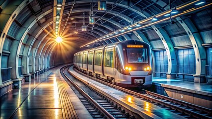 Obraz premium A sleek, modern train speeds through a dimly lit underground tunnel, illuminated by bright platform lights, on a bustling urban transportation route in the city.