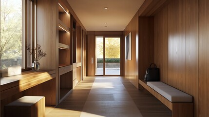 Fototapeta premium A modern entryway featuring warm wooden finishes, soft lighting, and large windows that allow natural light to create a welcoming and serene atmosphere.