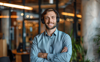 Fototapeta premium Close up of handsome male worker with video headset smiling and looking at camera, tech support worker working inside office.