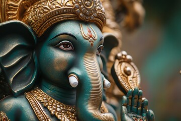 Obraz premium Majestic Close-up Portrait of Ganesha with Emerald and Bronze Background in High-Definition Wallpaper Style