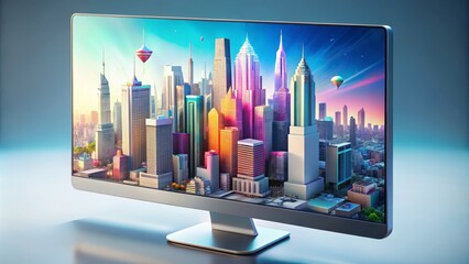 A sleek white computer monitor displays a stunning 3D graphic visualization of a futuristic cityscape, with vibrant colors and abstract shapes floating in mid-air.