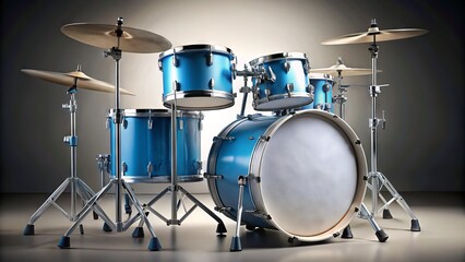 A sleek white drum set with shiny metal hardware and vibrant blue drumheads sits on a grey background, ready for a dynamic musical performance.