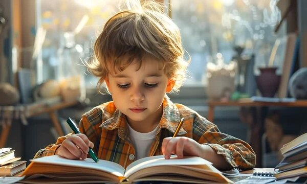 In a warm, inviting space filled with books, a young child diligently writes in a notebook while deeply engaged with a story, embodying the joy of discovery and learning