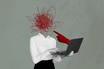 Photo collage composite trend artwork sketch image of huge hand red skin appear laptop display...