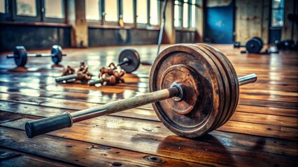 Fototapeta premium A small, rusty weightlifting barbell with five-pound iron plates on each end rests on a worn, wooden gym floor surrounded by scattered exercise equipment.
