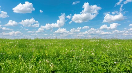 Obraz premium Lush Green Meadow with White Clouds in a Blue Sky