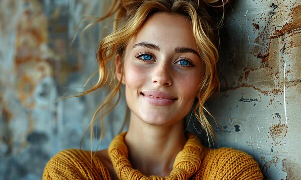 A young woman radiates happiness while posing in a textured setting, wearing a cozy knit sweater. Her bright blue eyes sparkle with warmth, enhancing the scene's allure