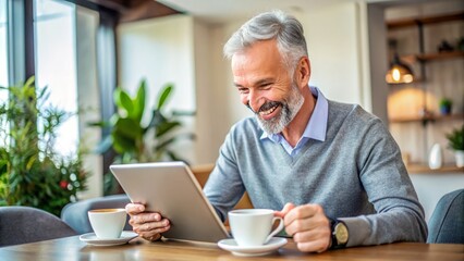 A smiling mature adult holds a digital tablet, making an online transaction, surrounded by coffee cups and a laptop, in a cozy morning atmosphere.