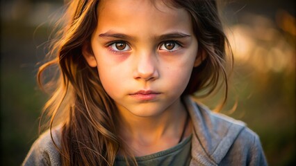 Fototapeta premium A solemn young girl with piercing brown eyes and a slight furrowed brow gazes directly at the camera, exuding a sense of quiet introspection.