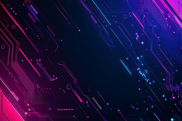  Abstract representation of a circuit board with glowing neon lines and geometric patterns against a dark background. The image evokes a high-tech, futuristic feel with ample copy space
