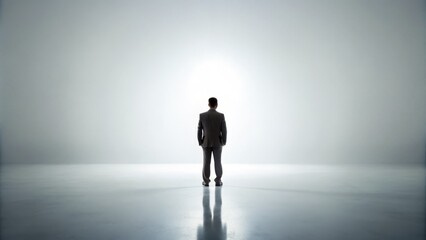 Obraz premium A solitary figure stands confidently against a pristine white background, posing with hands at sides, flooded with soft, even lighting, and a subtle, nuanced expression.