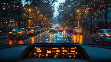 A holographic interface shows navigation details while navigating through a busy, rain-soaked city street illuminated by festive lights.