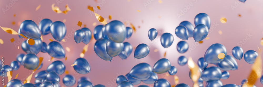 Aufkleber shiny balloons and confetti floating in a pink background. 3d rendering