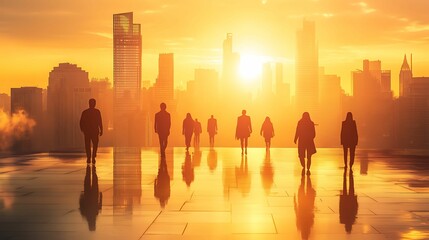 Fototapeta premium Silhouetted businesspeople walking towards a city skyline during sunset, reflecting on a glossy surface, creating a dramatic urban scene.