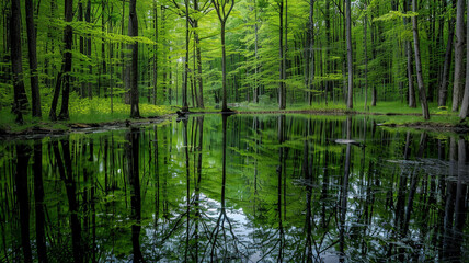 Obraz premium a serene forest pond surrounded by tall trees and reflected in still water