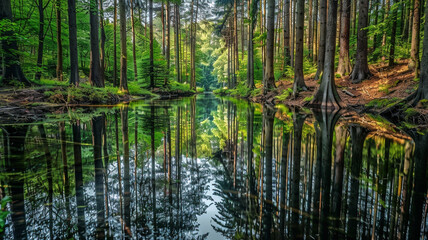 a serene forest pond surrounded by tall trees and reflected in still water