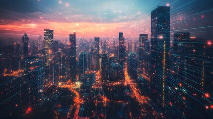 Obraz premium A futuristic city with AI and blockchain data networks interwoven in the architecture