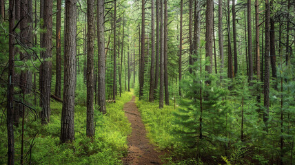 Fototapeta premium a serene forest scene with a narrow trail leading through tall, whispering pines