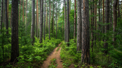 Obraz premium a serene forest scene with a narrow trail leading through tall, whispering pines