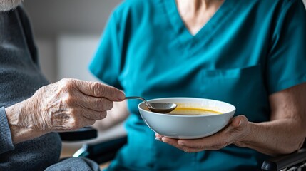 Gentle Nourishment: Elderly Man Receives Soup from Nurse, Soft Lighting Elevates the Compassionate Scene