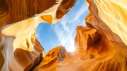 Panoramic view of Canyon in Arizona, colorful sandstone rock formations with blue sky and sun rays shining through the arches, low-angle shot,