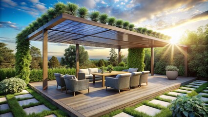 A stunning solar-powered canopy shades a serene outdoor seating area, surrounded by lush greenery, with sleek panels harnessing natural energy under a bright blue sky.