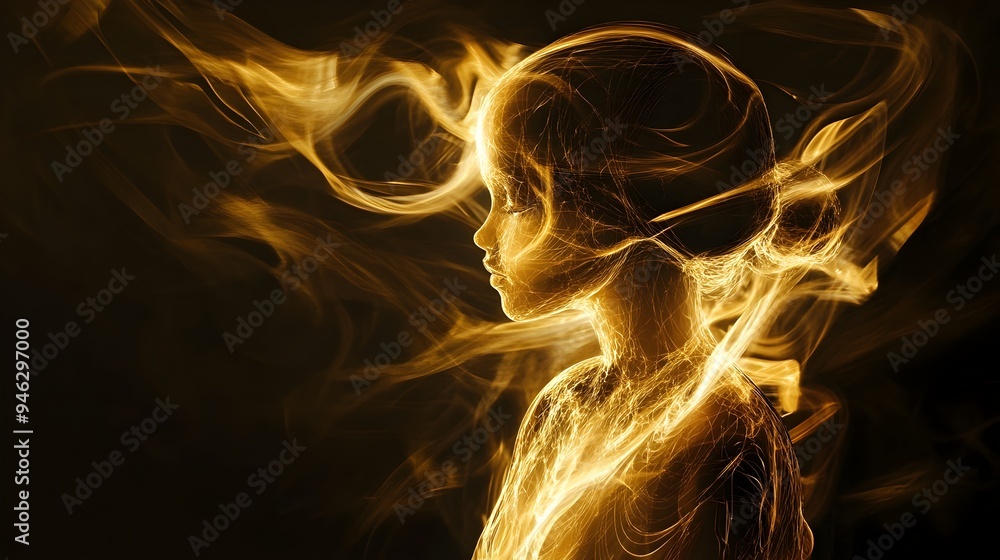 Poster fluid doll a captivating conceptual image where abstract shape shifting designs cover a doll transfo