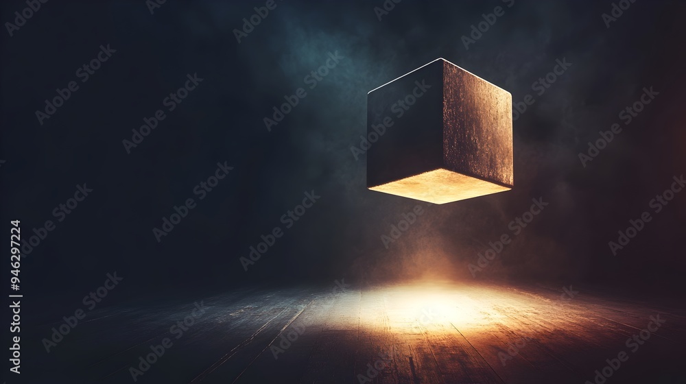 Poster a conceptual image of a floating box in mid air with a soft ethereal light emanating from within cre