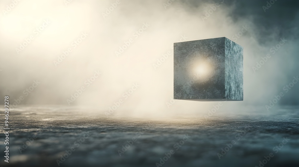 Poster Conceptual digital image of a minimalist box floating in mid air emitting a soft mysterious light from within creating a serene and contemplative visual metaphor