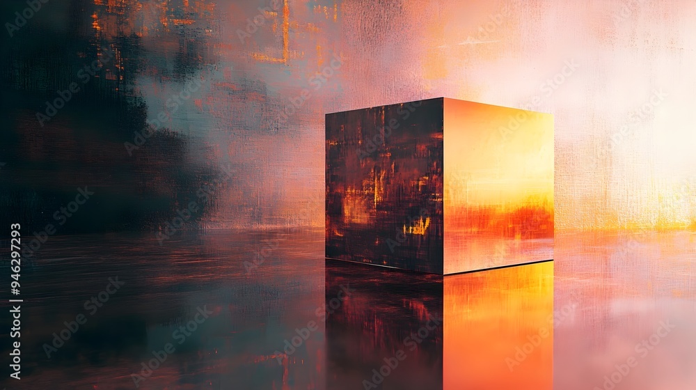 Poster Conceptual image of a box reflecting an alternate reality on its surface with abstract geometric patterns and shapes visible creating a surreal and visually intriguing composition