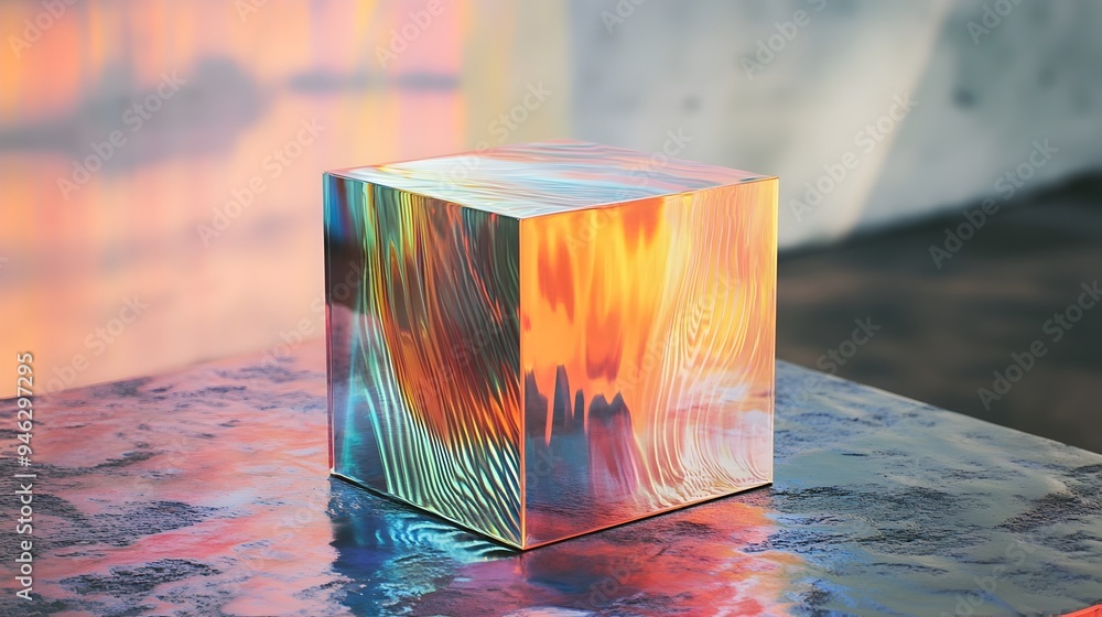 Poster a conceptual image of a box reflecting an alternate reality on its surface with abstract geometric p