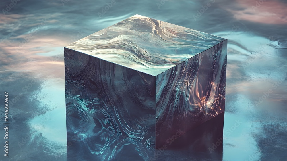 Poster captivating image of a box reflecting an alternate reality on its surface revealing mesmerizing abst