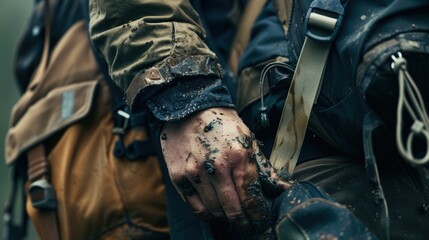 Hiker wearing backpack with muddy hand after hiking trip