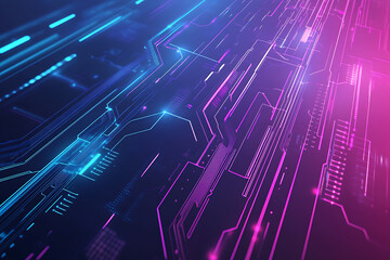  Abstract representation of a circuit board with glowing neon lines and geometric patterns against a dark background. The image evokes a high-tech, futuristic feel with ample copy space