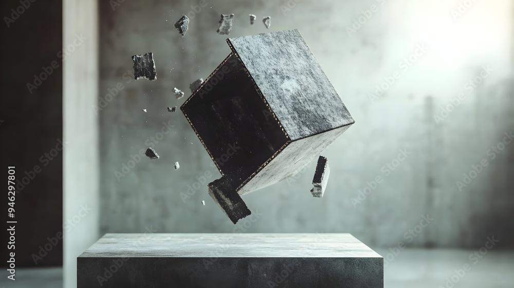 Poster A conceptual image depicting a box slowly disassembling with its various parts floating in mid air each revealing different intriguing textures and materials in a minimalist surreal composition