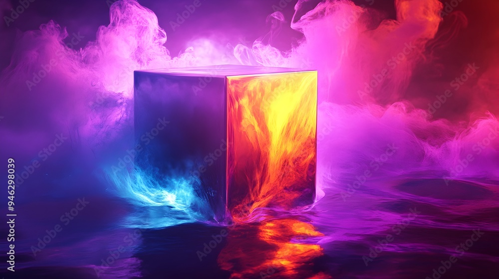 Poster a conceptual image of a box melting into a pool of vibrant liquid light with abstract shapes forming
