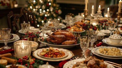 This inviting scene showcases a cozy Christmas dinner table filled with holiday treats, flickering candles, and charming decorations, embodying the warmth and joy of family gatherings.