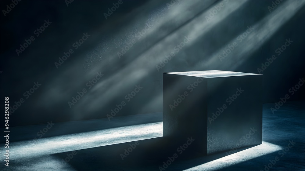 Poster enigmatic light and shadow a conceptual box in a dark room casting intricate patterns and textures e