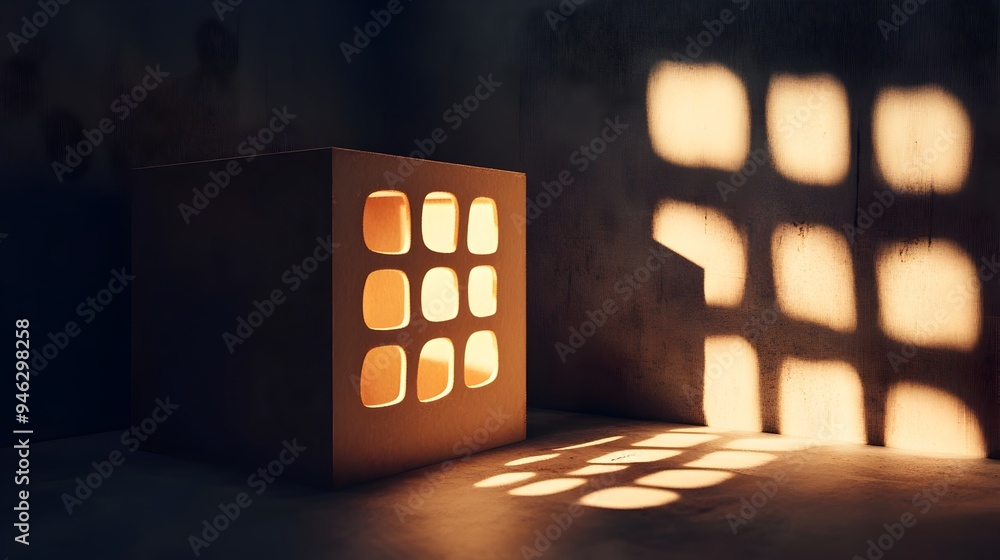 Poster intriguing conceptual image of a box shaped form in a dark room with streams of light filtering thro