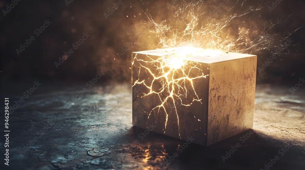 Poster a conceptual image of a simple box shaped form with cracks forming on its surface as if the structur