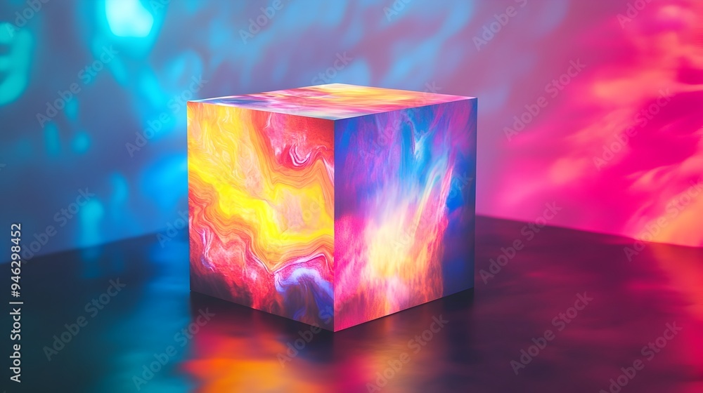 Poster a conceptual image showcasing a box with vibrant abstract patterns projected onto its surface almost