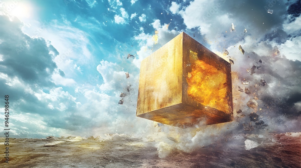 Poster conceptual image depicting a box set within a surreal visually striking landscape featuring unusual 